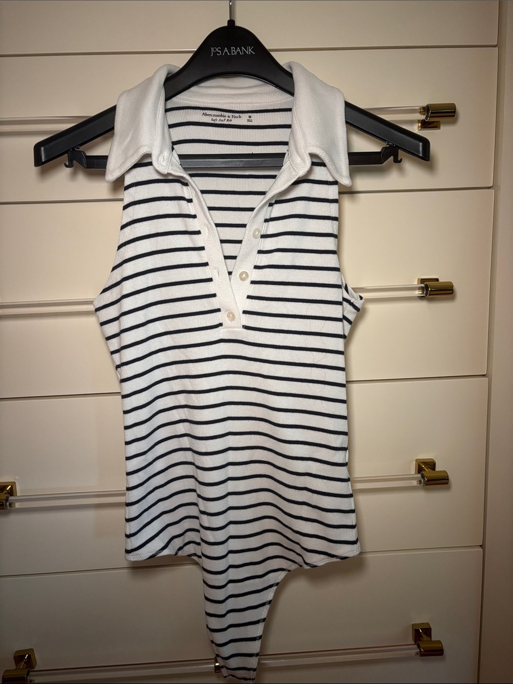 Abercrombie & Fitch White and Navy Striped Sleeveless Polo Bodysuit with Collar